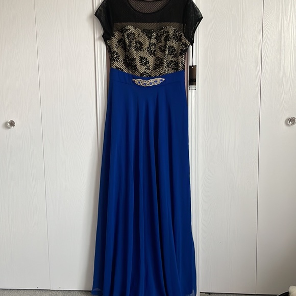 NWT MAXI DRESS 👗 DELVINA. Black Mesh/ Gold/ Blue. Size European 42(American 10) - Picture 2 of 8